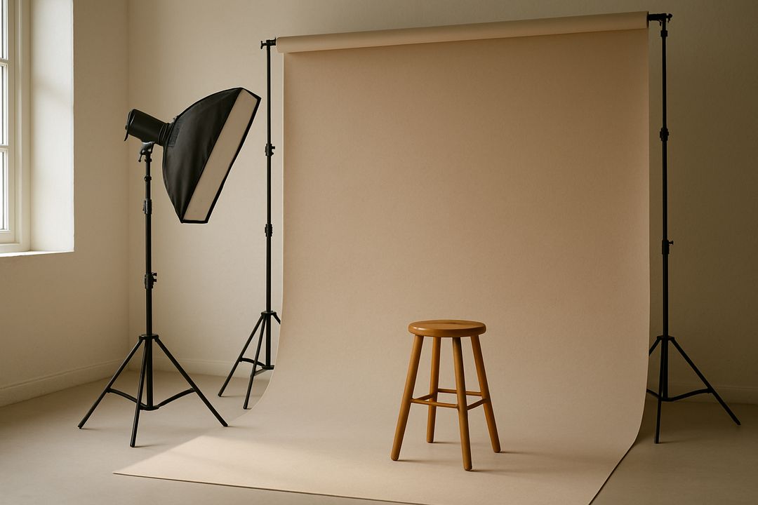 An empty photo studio: softbox, background roll and a wooden stool.