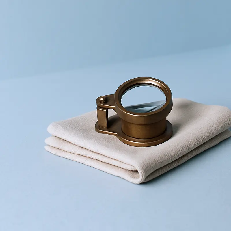 A brass loupe resting on a folded linen cloth on pale blue paper.