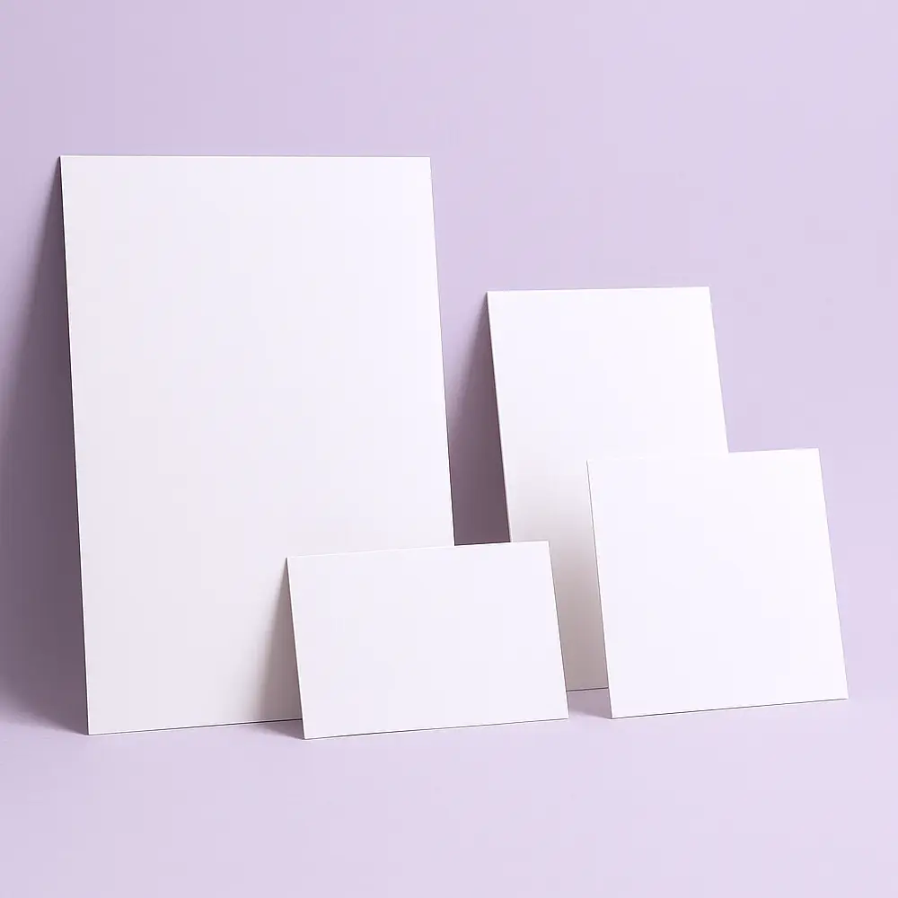 Four blank cards leaning on lilac paper.