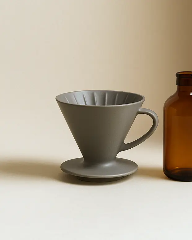 A matte grey pour-over cone and an amber glass bottle on putty seamless paper.