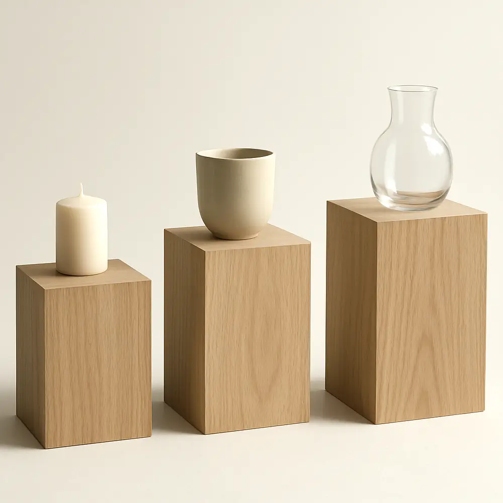 Three oak plinths of rising height holding a candle, a cup and a glass vase.