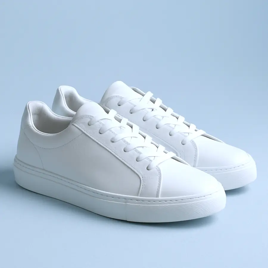 A pair of plain white leather sneakers on pale blue paper.