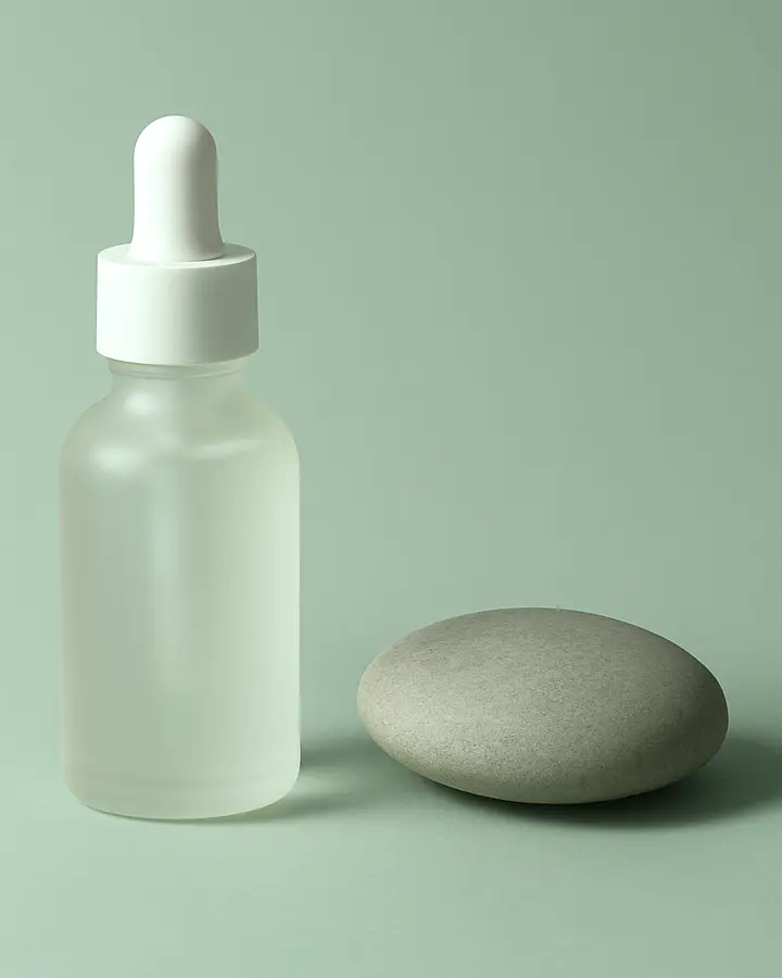 A frosted dropper bottle and a grey river stone on sage paper.