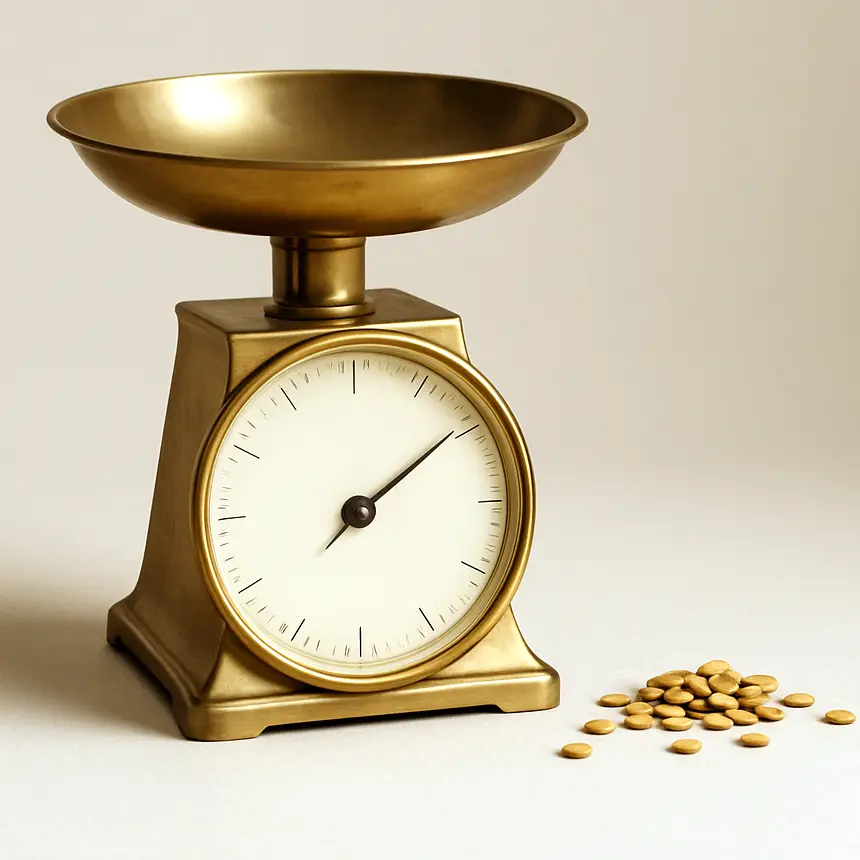 A brass kitchen scale with a few coffee beans beside it on putty paper.